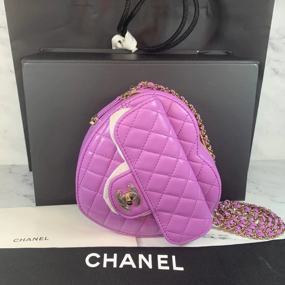 Chanel Purple Heart Bag large 22S CC Lambskin Leather Crossbody Authentic NEW - Picture 14 of 15